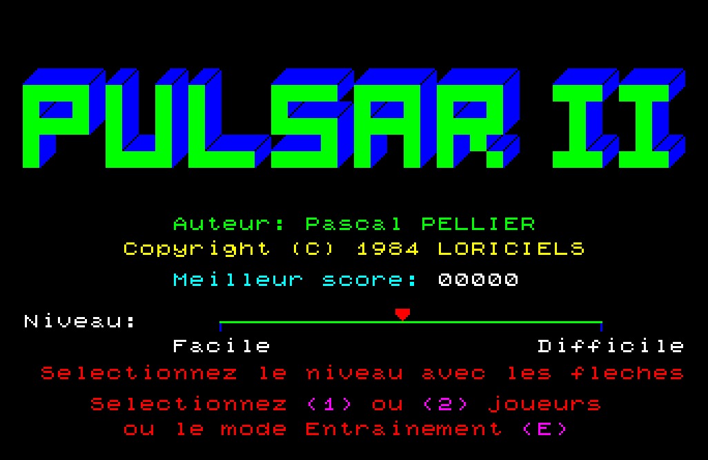 Copie d'écran du logiciel Pulsar II dans la catégorie Jeu d'action pour ordinateur Thomson TO7