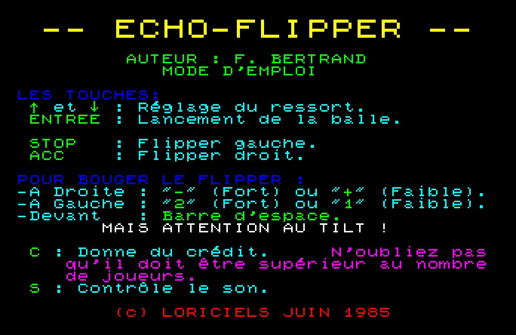 Copie d'écran du logiciel Echo-Flipper dans la catégorie Jeu d'action pour ordinateur Thomson TO7