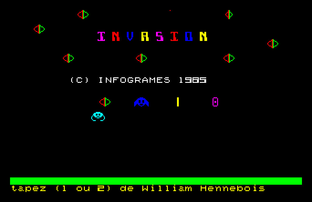 Copie d'écran du logiciel Invasion dans la catégorie Jeu d'action pour ordinateur Thomson TO7-70